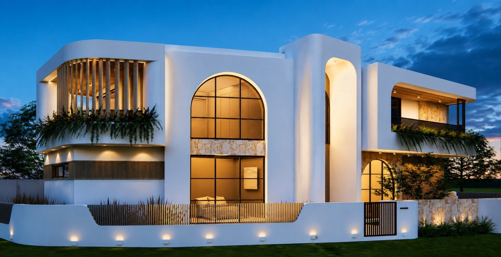 Modern King Style home facade with arched windows at dusk